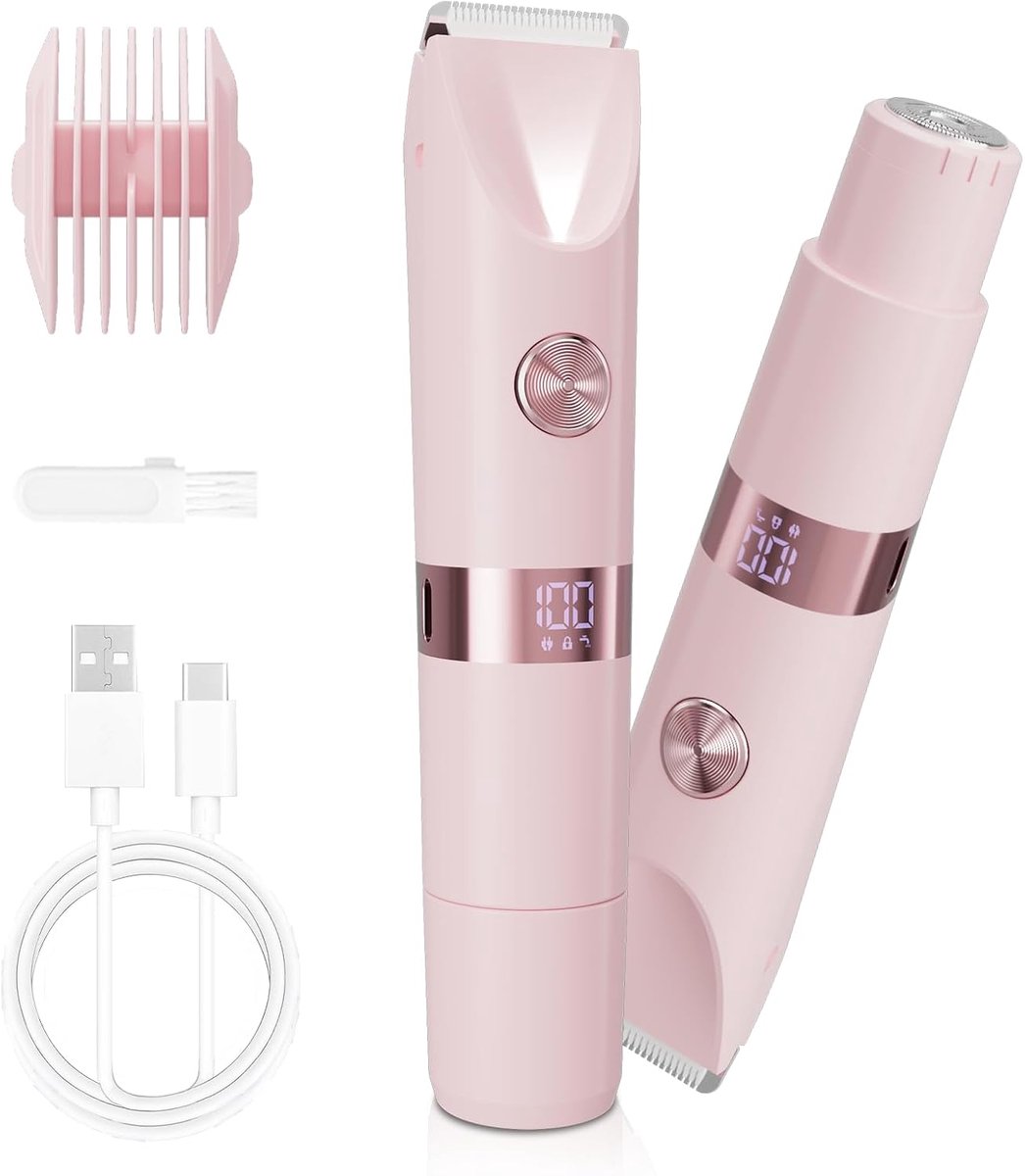 2-in-1 Elektrisch scheerapparaat & bikinitrimmer – Met LED-display – Unisex – IPX6 Volledig waterdicht – Elektrisch ontharingsapparaat met dubbele kop (nat & droog) – Oplaadbaar ontharingsapparaat voor gezicht & lichaam – Roze