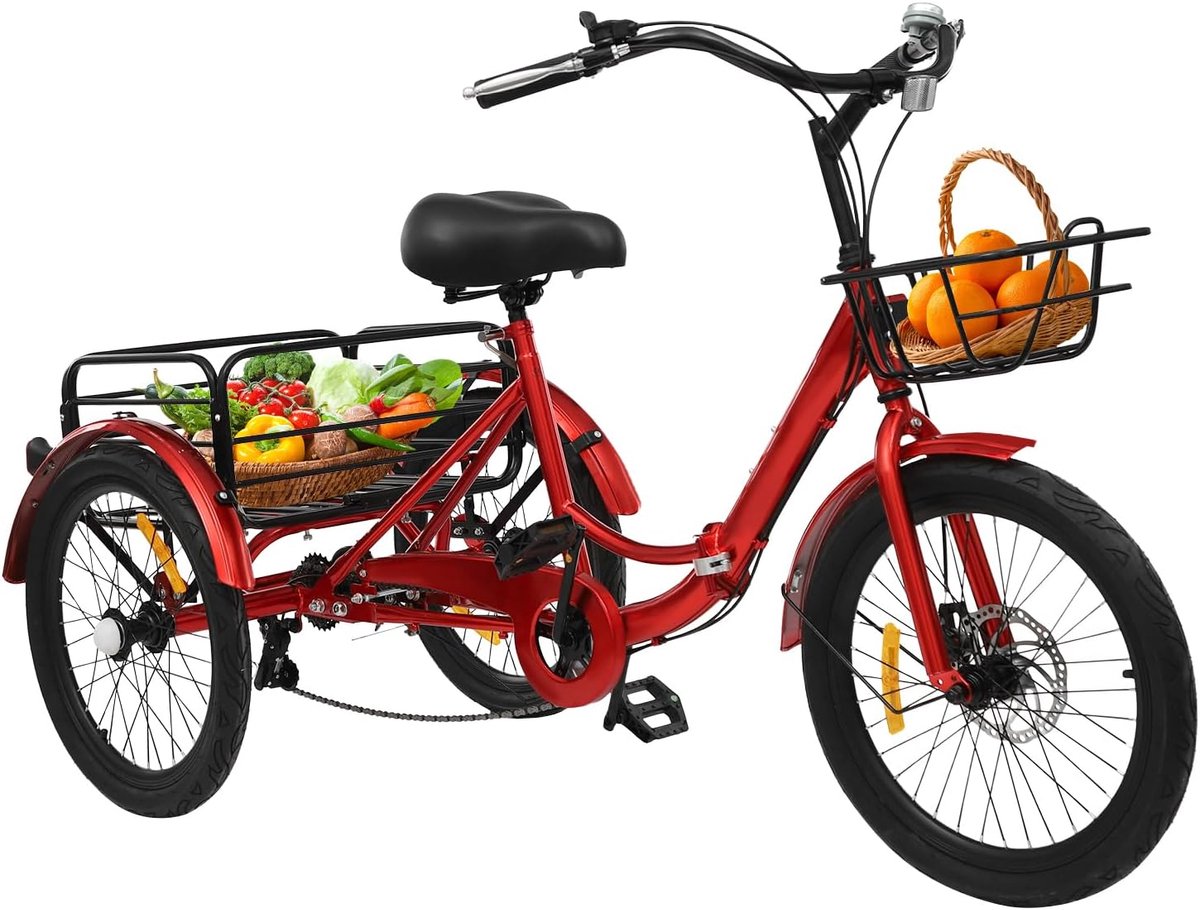 Driewieler voor volwassenen - Opvouwbare fiets - Winkelen en uitstapjes - 7 versnellingen en manden - 20 inch wielen - Rood