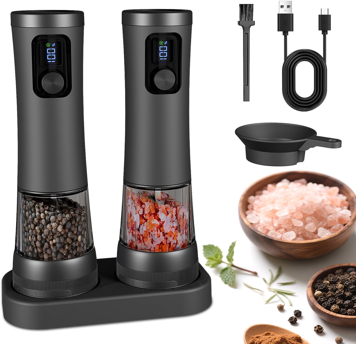Peper en Zoutstellen - USB - Oplaadbaar- Elektrisch - Verstelbaar- Zwaartekracht functie -Pepermolen- Zoutmolen- Kruidenmolen - Keukengerei- LED - RVS - Automatisch- Set van 2-Incl. accessoires