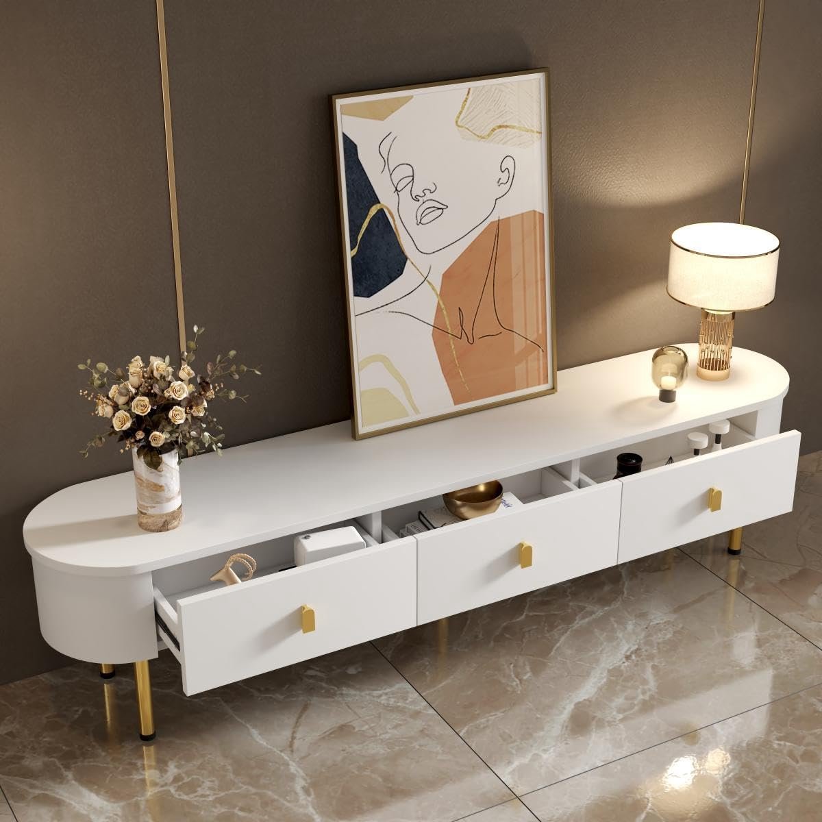 Laag Dressoir - Tv-meubel Laden - Woonkamer Opbergen - Goudkleurige Poten - 174x35x41 cm - Wit en Goud