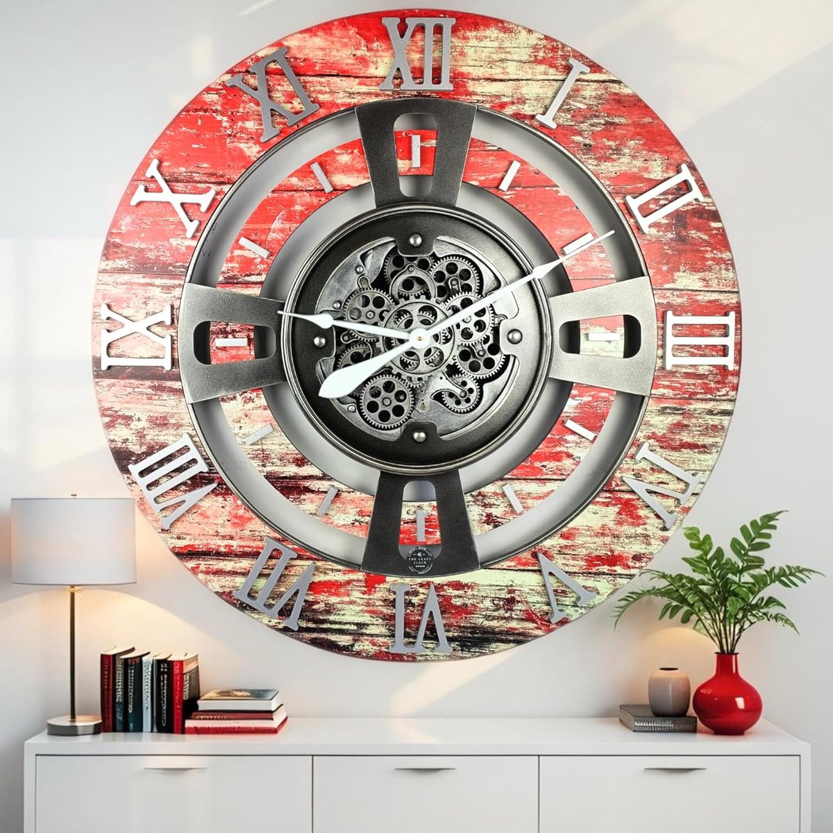 Wandklok - Draaiende Tandwielen - Industriële Decoratie - Echt Bewegende Delen - 90 cm Doorsnede - Rood Lava