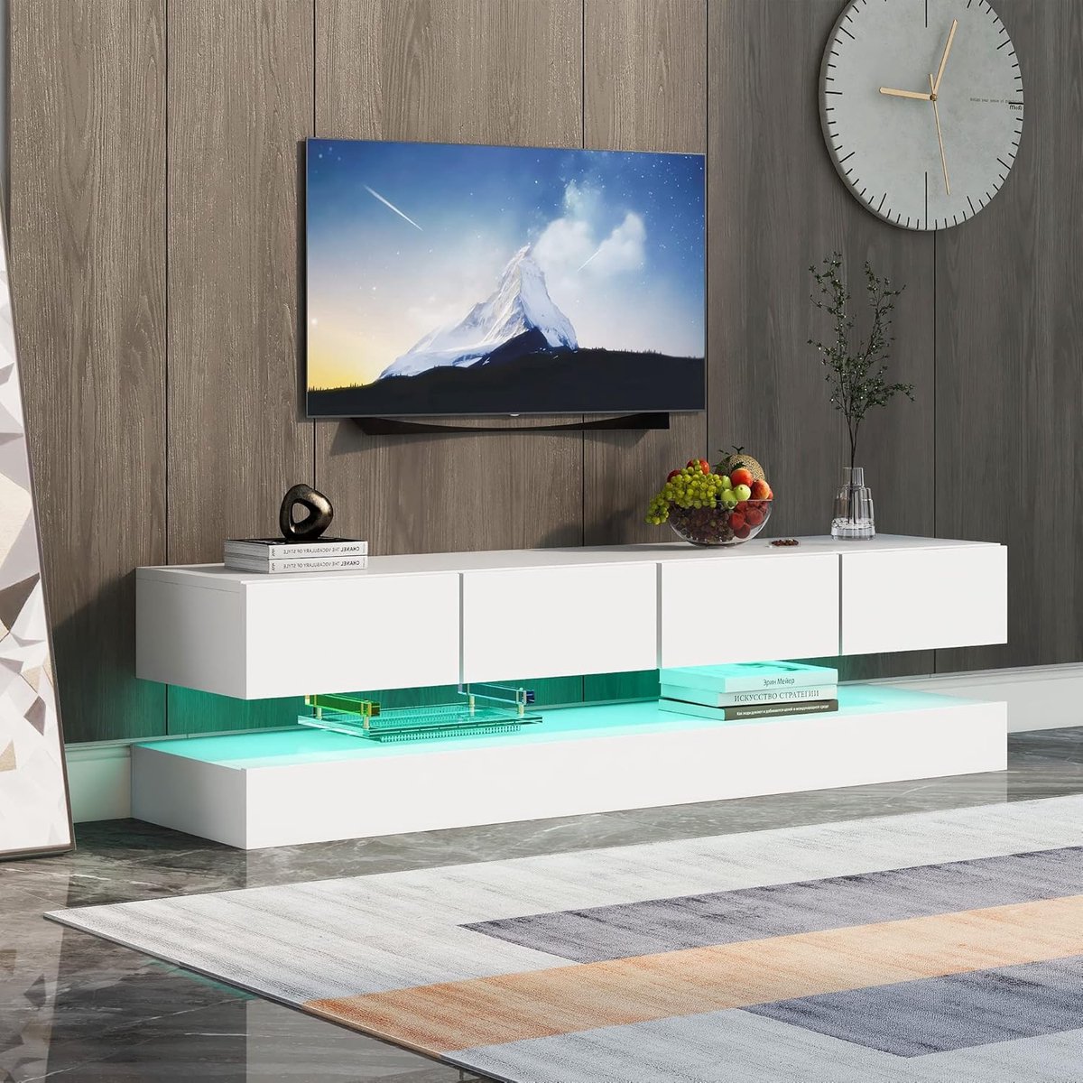 Tv-meubel met opbergruimte - Wandkast tv - Moderne woonkamer - App-gestuurde ledverlichting - 130x33x25 cm - Wit