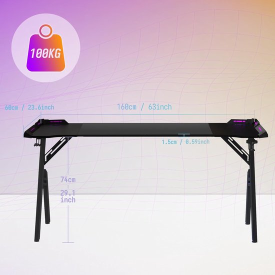 Gaming Bureau - Computer Tafel - Thuiswerken Kantoor - A-Frame Stabiliteit - 160x60x74 cm - Zwart — afbeelding 5