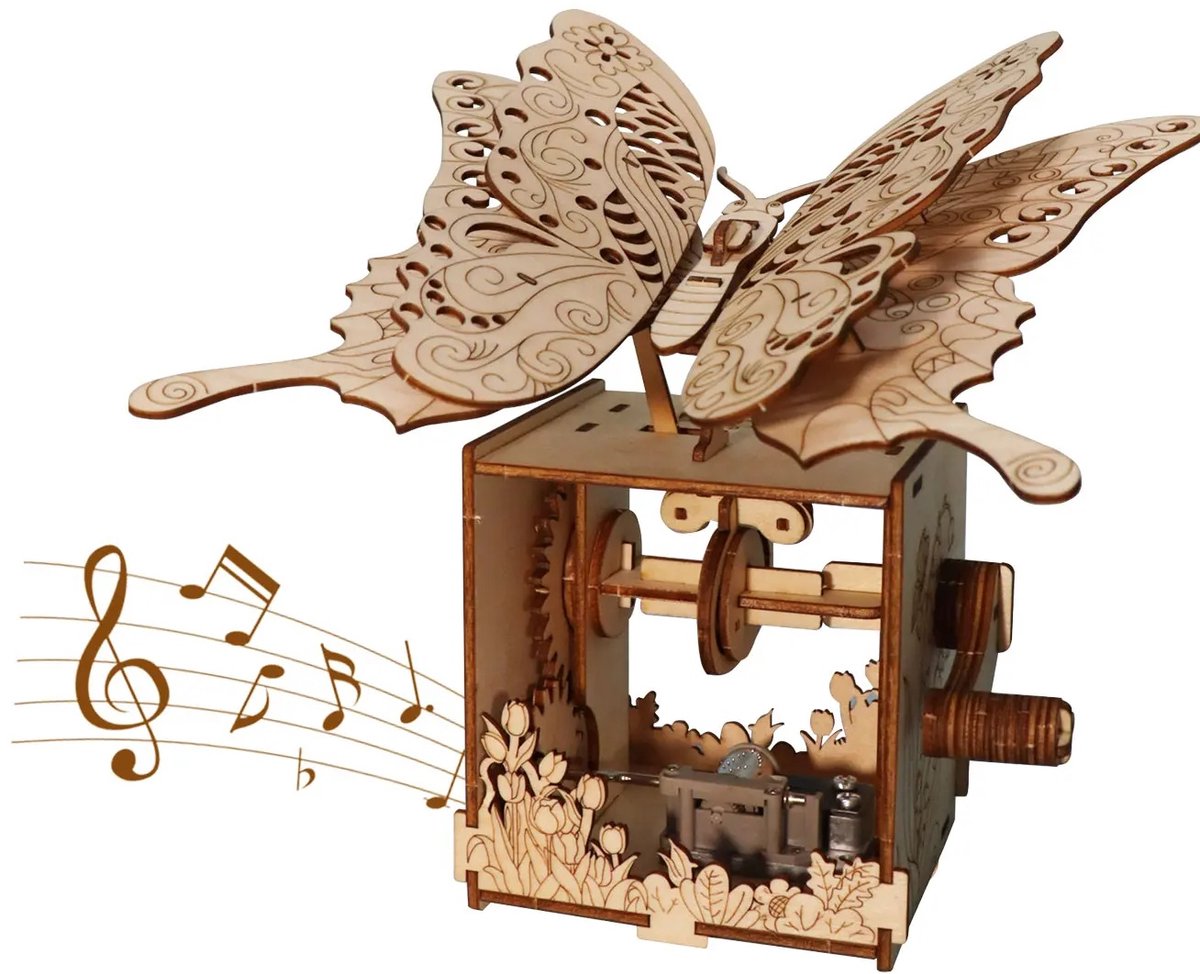 3D houten puzzel vlinder met muziekdoos - 67 onderdelen - mechanisch modelbouwpakket
