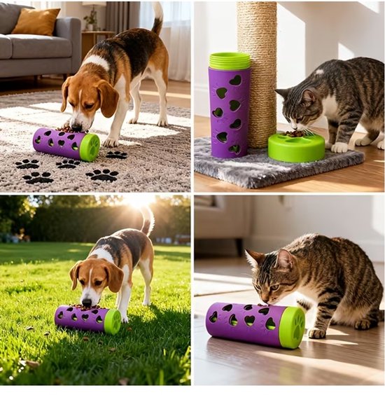 Collage van vier afbeeldingen: honden en katten spelen met paarse voerrol