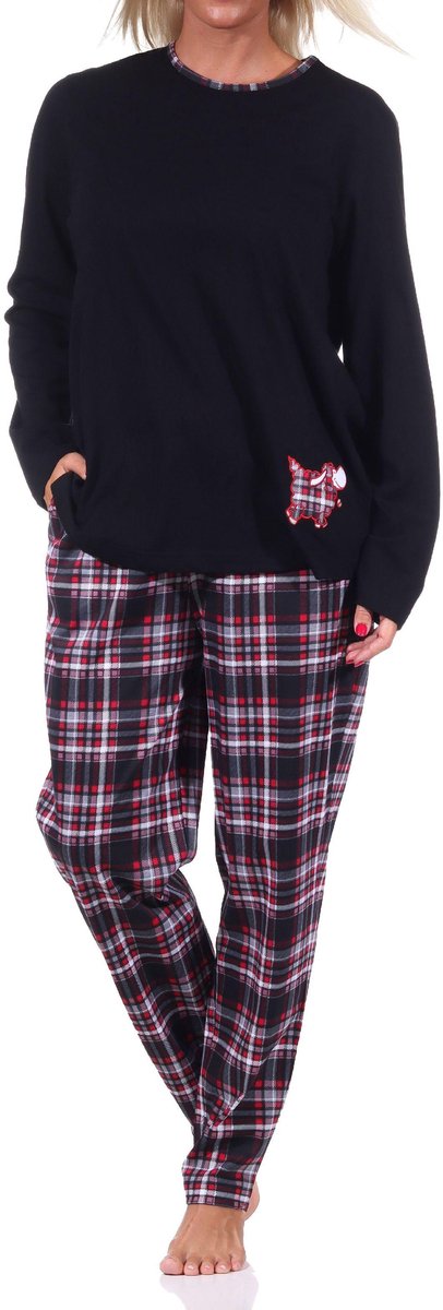Normann Damespyjama lang met geruite broek en leuk dierenmotief - ook in overmaten - 212 201 820 schwarz