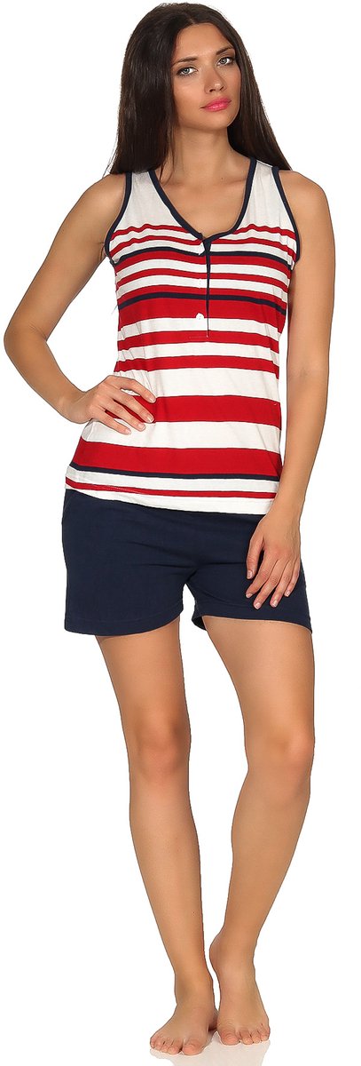Normann Maritiem oksel shirt korte pyjama met korte mouwen in gestreepte look en met knoopsluiting rot