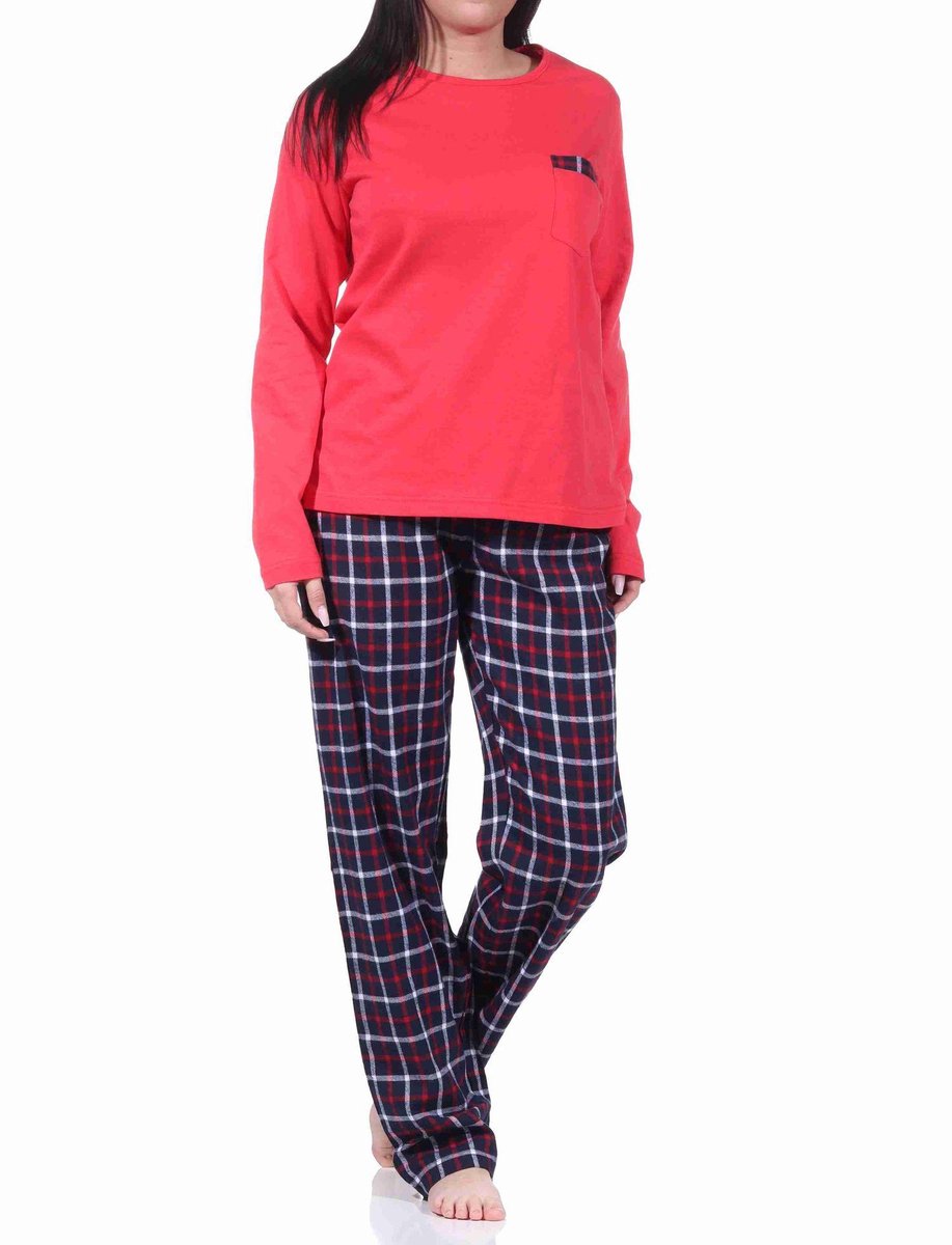 Flanellen damespyjama lang met flanellen broek en jersey top