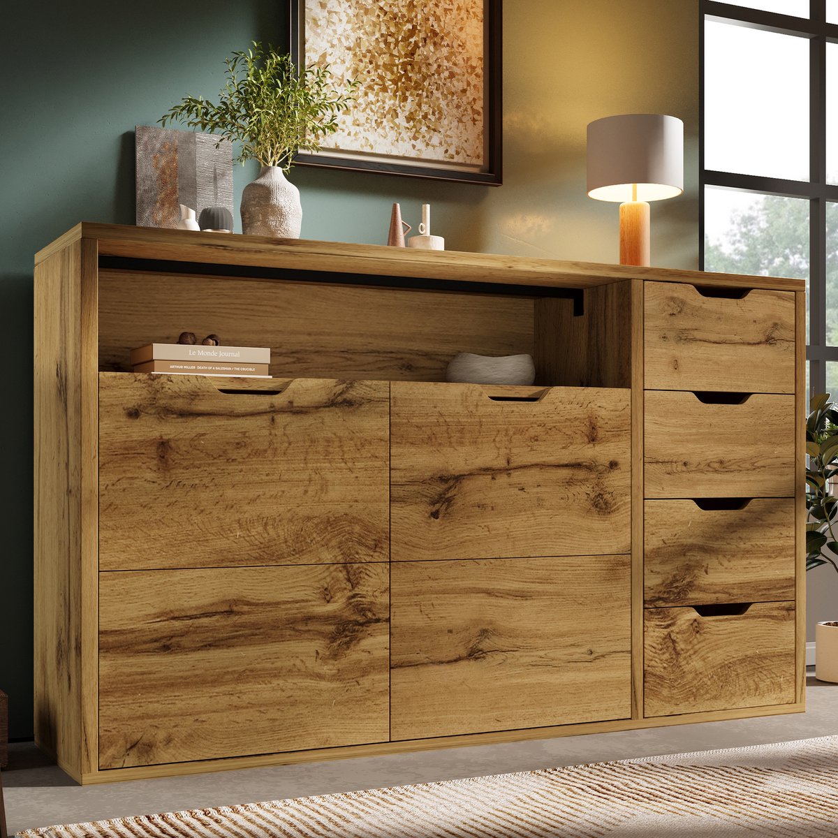 STILVORA Dressoir - Eikenlook Met Open Vak En 2 Deuren - 4 Lades Voor Woonkamer En Hal - Hout;Zwart - 150x40x90 Cm