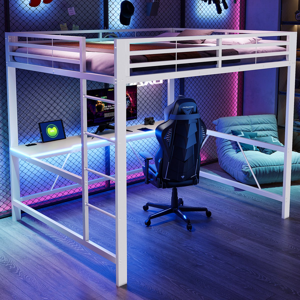 STILVORA Hoogslaper 160x200cm – Met Ledverlichting En Oplaadpoort – Met Bureau En Opbergruimte – Voor Jeugd En Slaapkamer – Metaal En Mdf – Zonder Matras – Wit