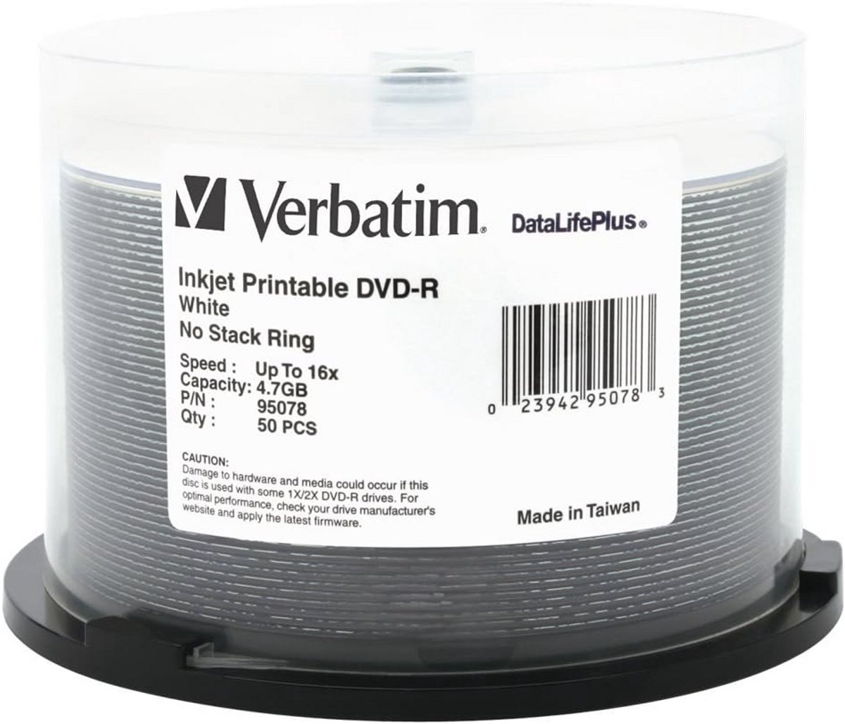 50 Stuks DVD-R Opnameschijven 4.7 GB 16x Snelheid Witte Inkjet Printbaar