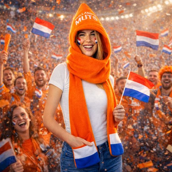 Oranje muts met sjaal, met witte opdruk "HOLLANDSE MUTS". Op de wangen Nederlandse vlaggetjes.