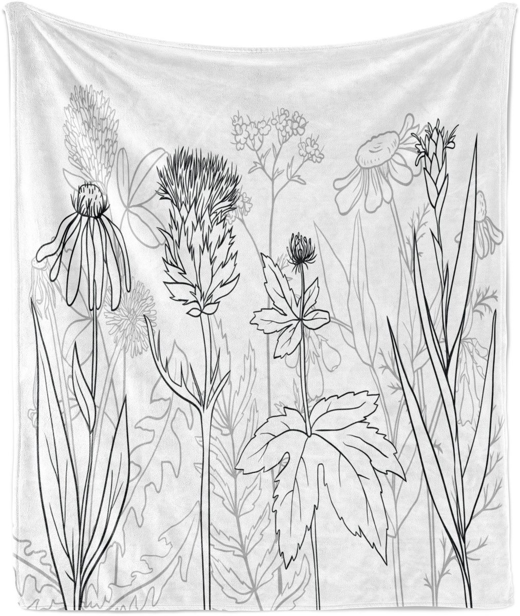 ABAKUHAUS Distel Zachte Flanellen Fleece Deken, Gezondheidskruidenpatroon, Gezellige Pluche Plaid, 125 x 175 cm, Lichtgrijs Wit