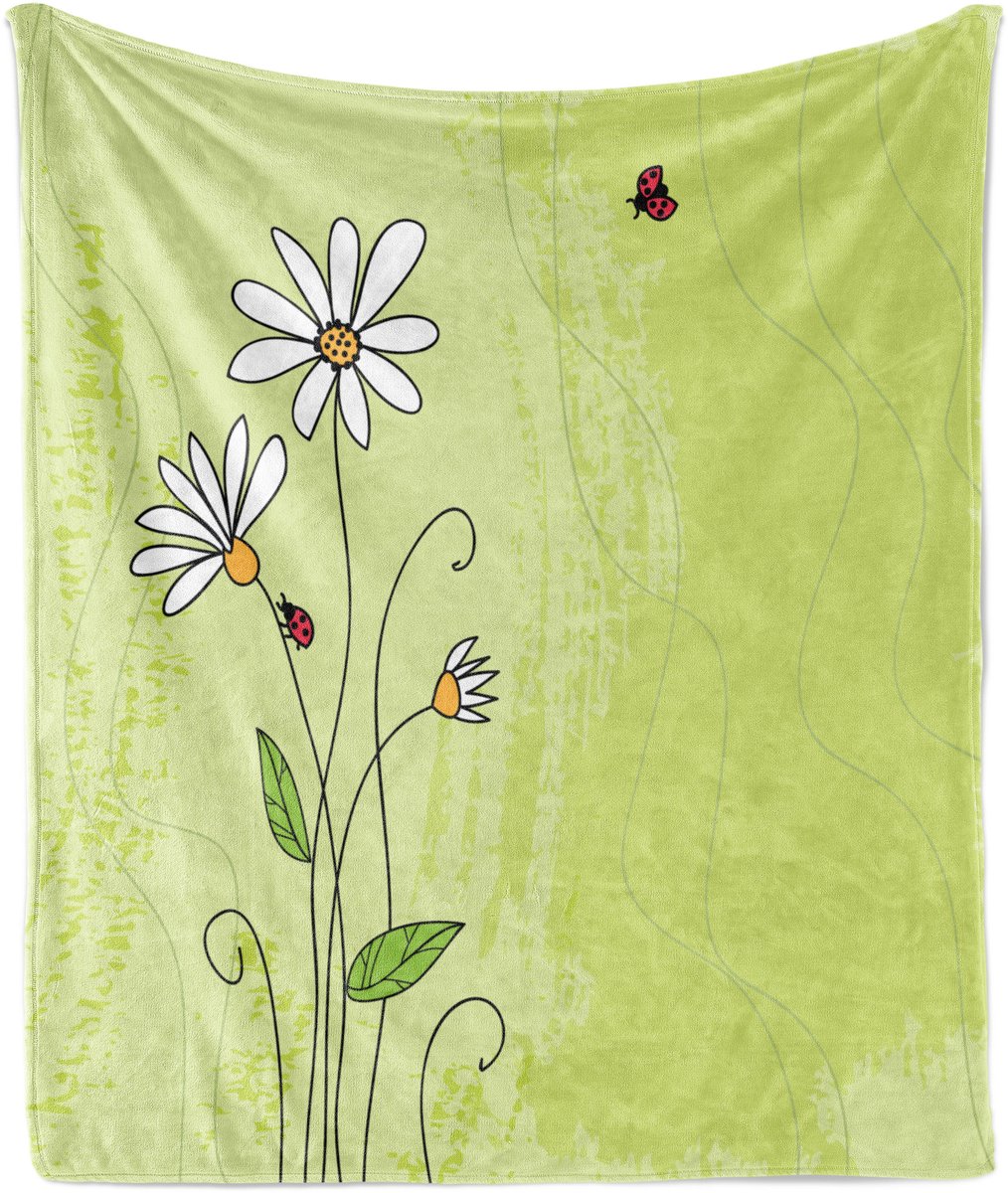 ABAKUHAUS Zachte flanellen fleece deken met madeliefjesmotief, kamille lieveheersbeestje print, pluche plaid, 125 x 175 cm, geelgroen meerkleurig