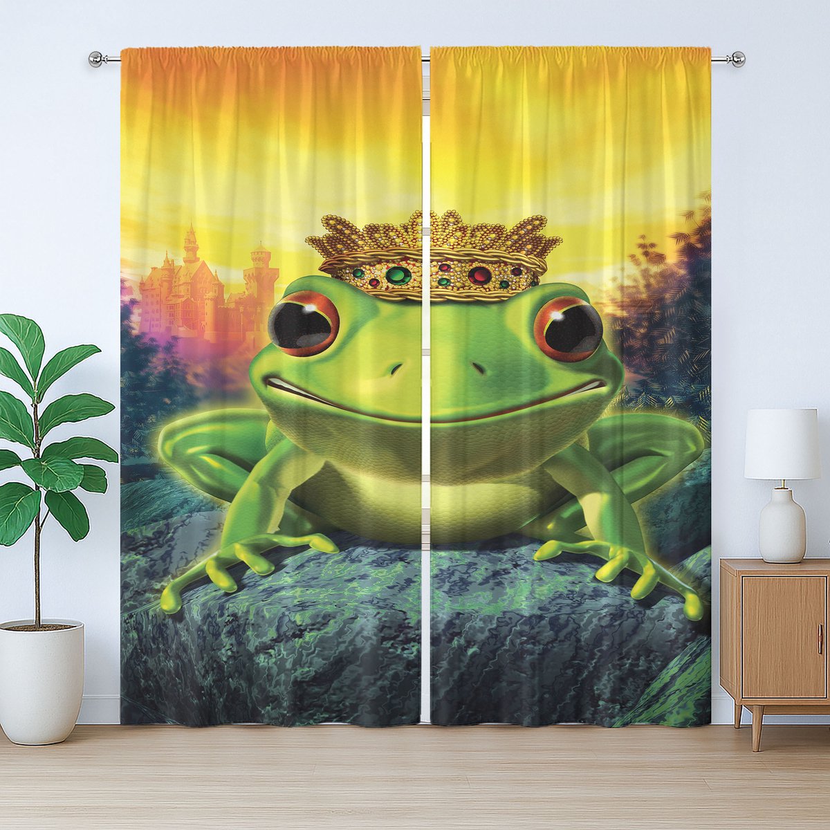 ABAKUHAUS Rustiek dierengordijn, Kikkerprins met kroon, met lussen en haken voor de woonkamer, 280 x 225 cm, Groen Geel