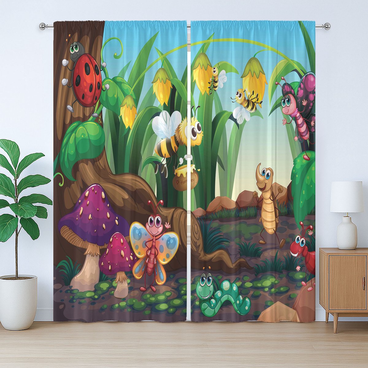 ABAKUHAUS Rustiek dierengordijn, vlinder en bij in exotisch design, slaapkamergordijn met plooiband, lussen en haken, 280 x 260 cm, groen, geel, bruin