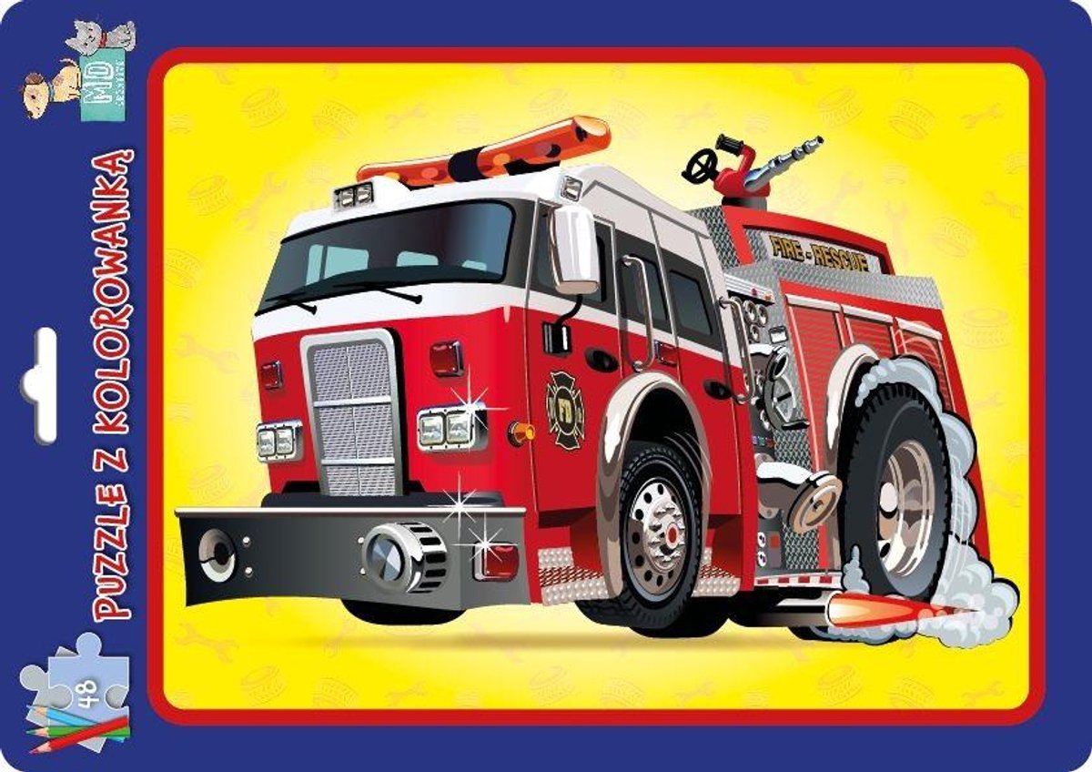 Puzzel in een kader met een kleurplaat. Brandweerwagen - Puzzel