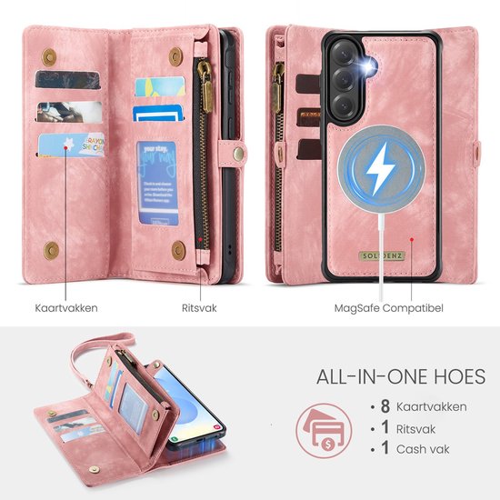 Roze telefoonhoesje met ritssluiting en kaartvakken. Toont MagSafe compatibiliteit.