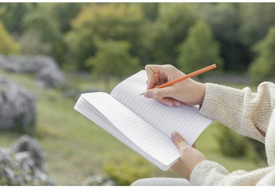Persoon schrijft in een mosgroen Sigel Re-Up notitieboek met potlood, zittend in de natuur met uitzicht op bomen.