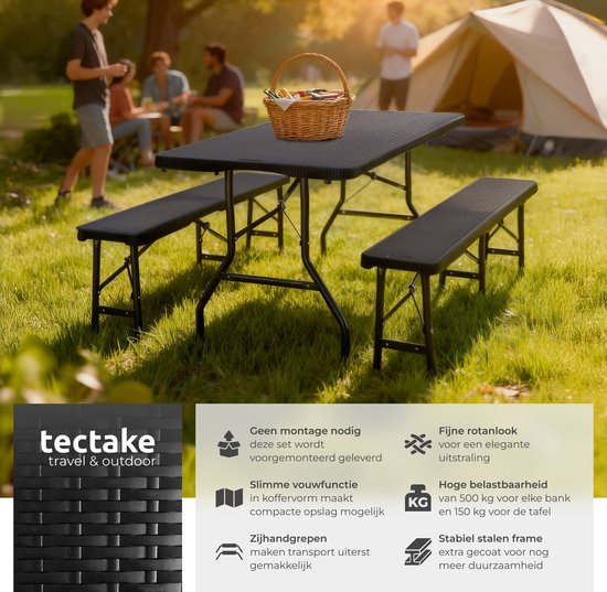 tectake® 3-delige Tuintafel Set - 180 cm - Campingtafel met 2 Banken - Inklapbaar - Lichtgewicht - Camping Tafel met Handgrepen - Ook te gebruiken als Biertafel, Picknicktafel, Buffettafel - Zwart van Merkloos — afbeelding 2