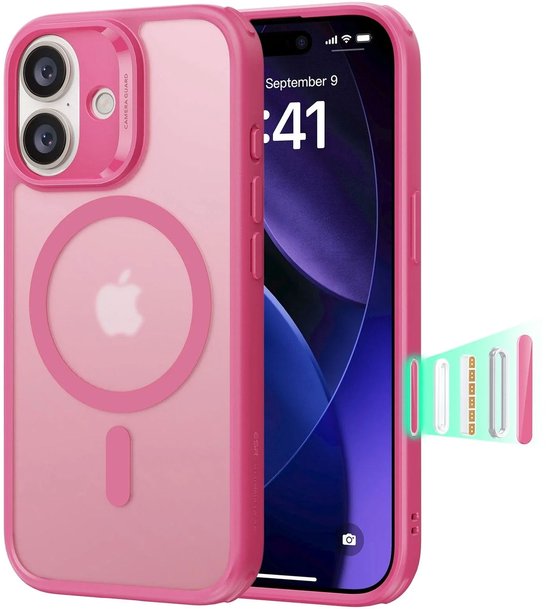 Roze hoesje voor iPhone met magnetische ring en camera-bescherming, toont een telefoon.