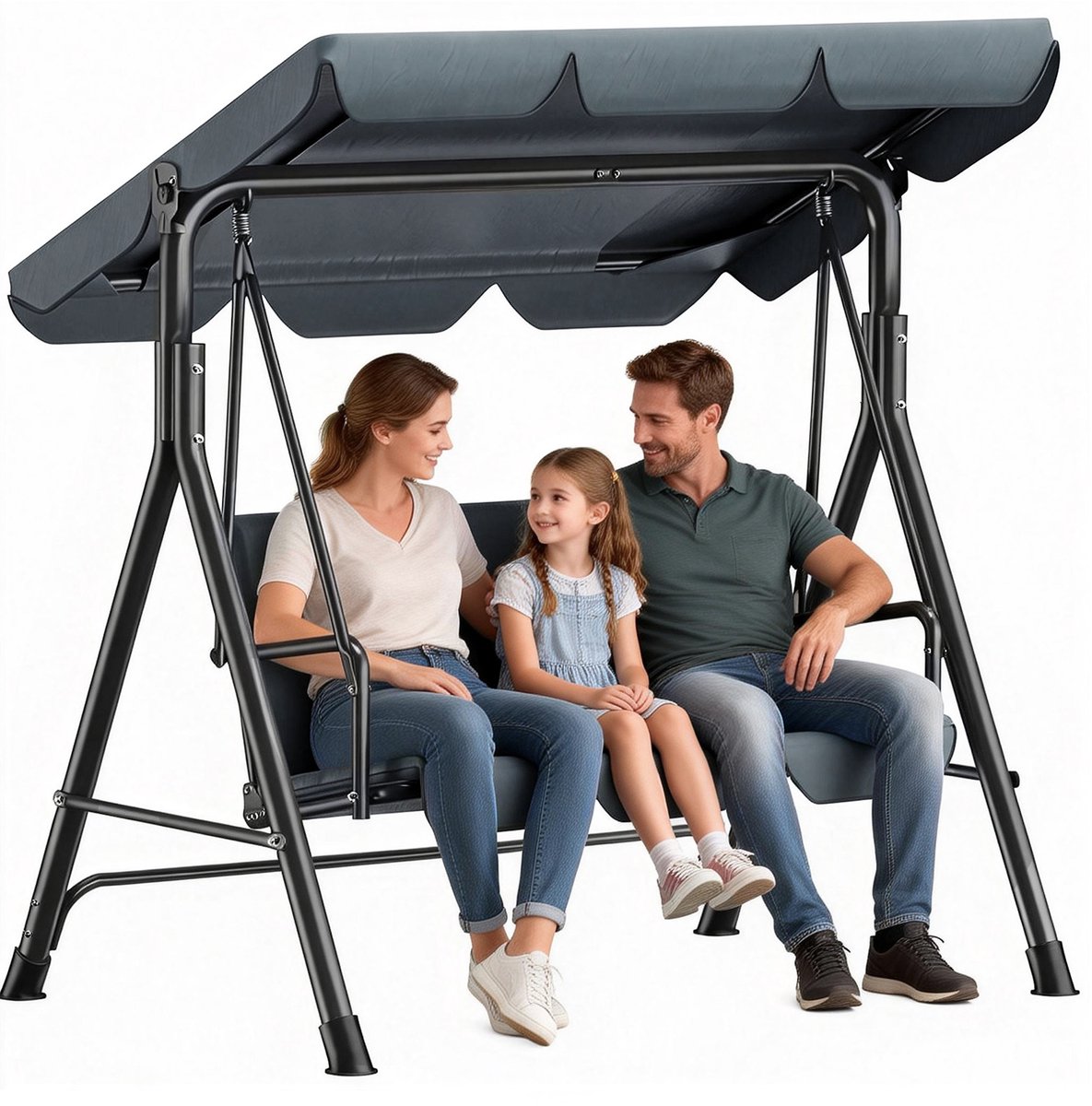Soontrans - Tuinschommel 3-Zits Met Verstelbaar Zonnedak - Schommelbank Antislip voetsteunen - Hollywoodschommel - Tuinhangmat - Stevig Metalen Frame Voor Tuin Terras - Hangmatbank 175.5x110x152cm - Tuinhangmat Weerbestendig Met Kussen - Grijs