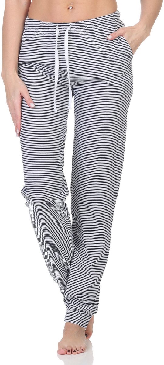 Normann Dames pyjamabroek lang mix & match in effen kleur - perfect te combineren streifen_marine