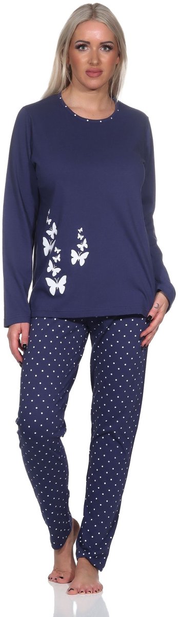 Normann damespyjama met lange mouwen en pyjamabroek in stippenlook navy
