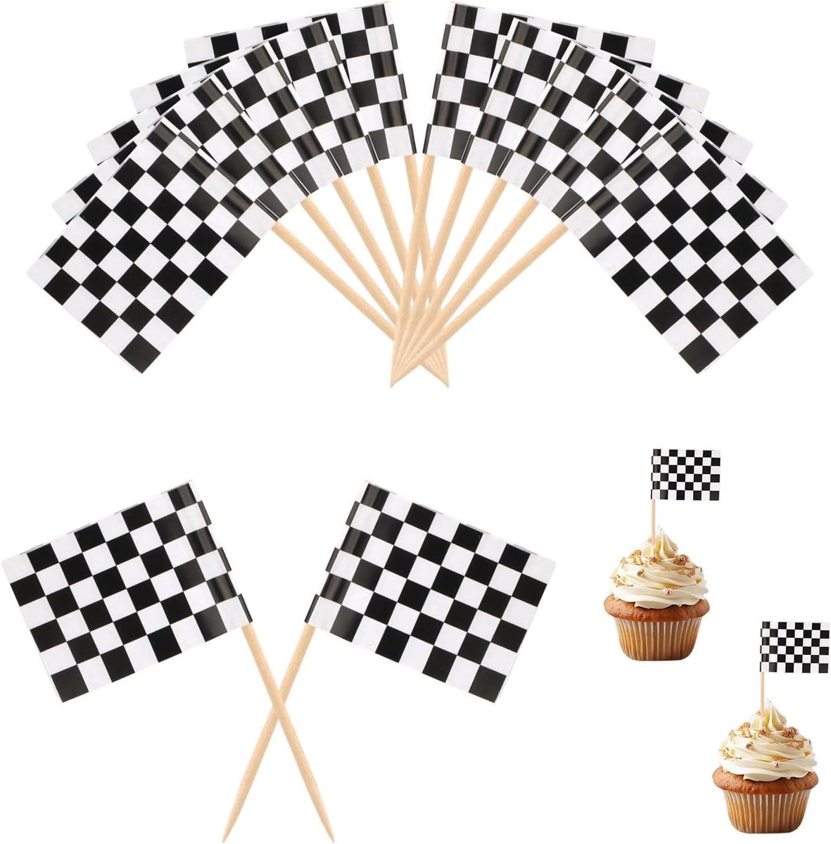 Geblokte vlaggen cupcake toppers voor raceauto feest - set van 100 stuks