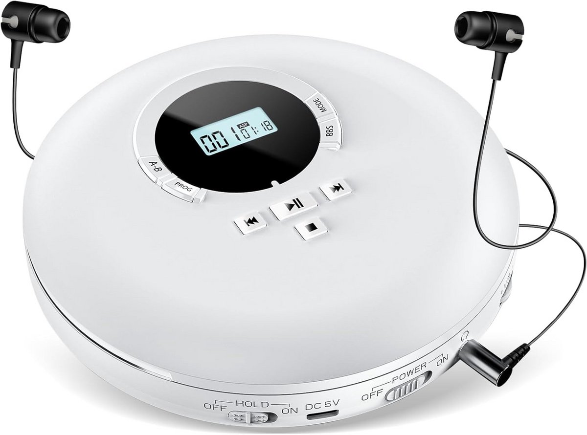 Draagbare CD Speler met Koptelefoon, Anti-Skip, LCD Scherm en Geheugenfunctie - Wit