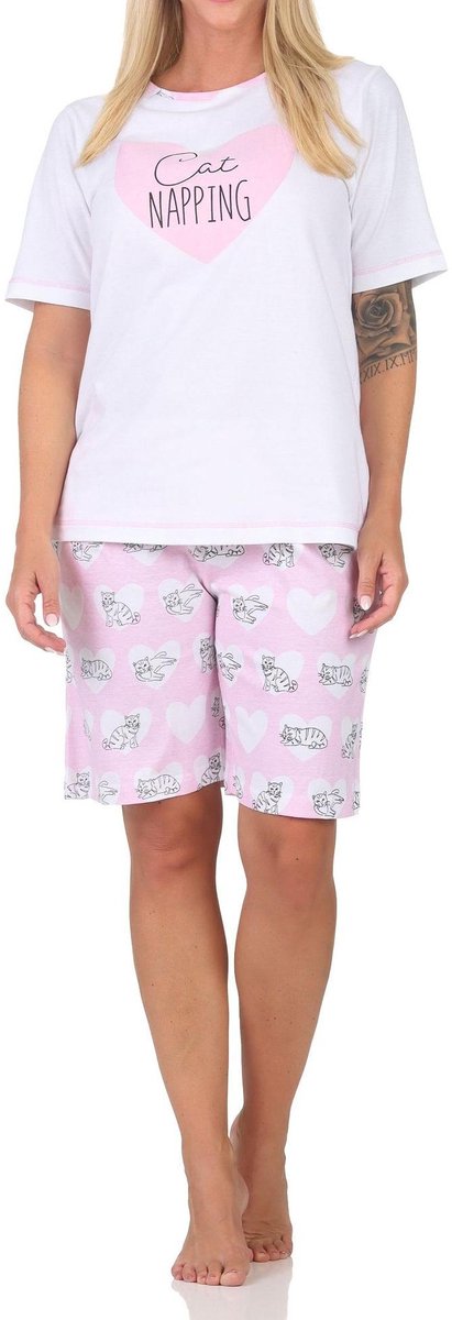 Normann dames pyjama shorty met korte mouwen pyjama met hart- en kattenmotief rosa