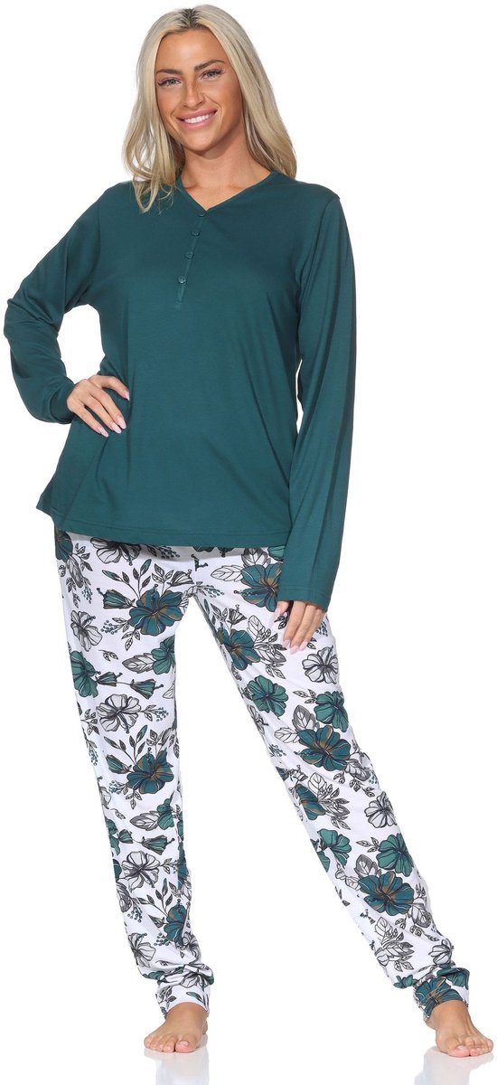 Normann Dames Pyjama met lange mouwen in bloemmotief - ook in overmaten grün