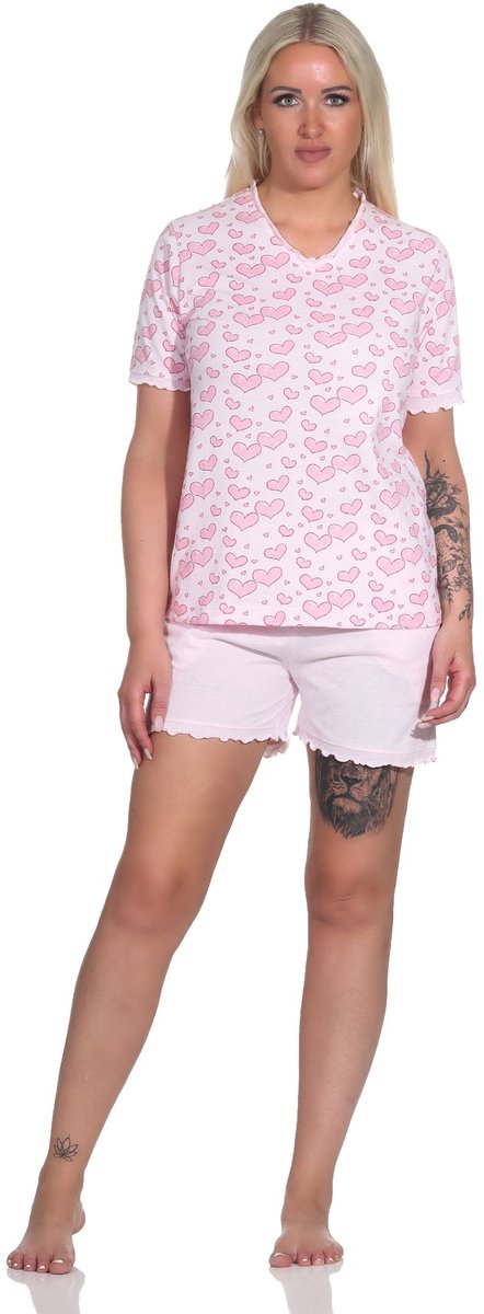Normann Dames Korte Mouw Shorty Pyjama in Hartmotief Optiek - Ook in Oversizes rosa