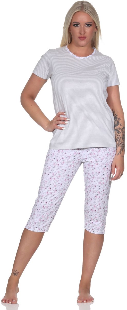 Normann Gebloemde capri damespyjama met strepen, 3/4 broek & ronde hals grau