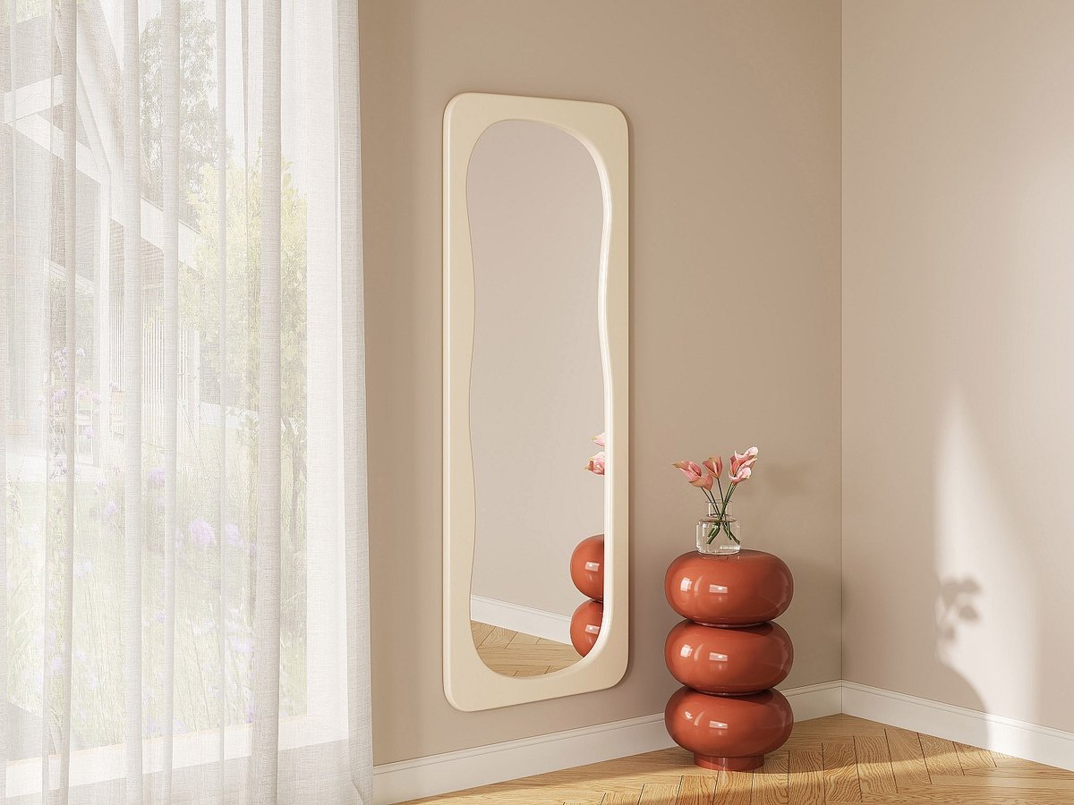 Vente-unique Organische spiegel met glanzende afwerking - H 160 x B 60 cm - Ivoorwit - HAIMEI