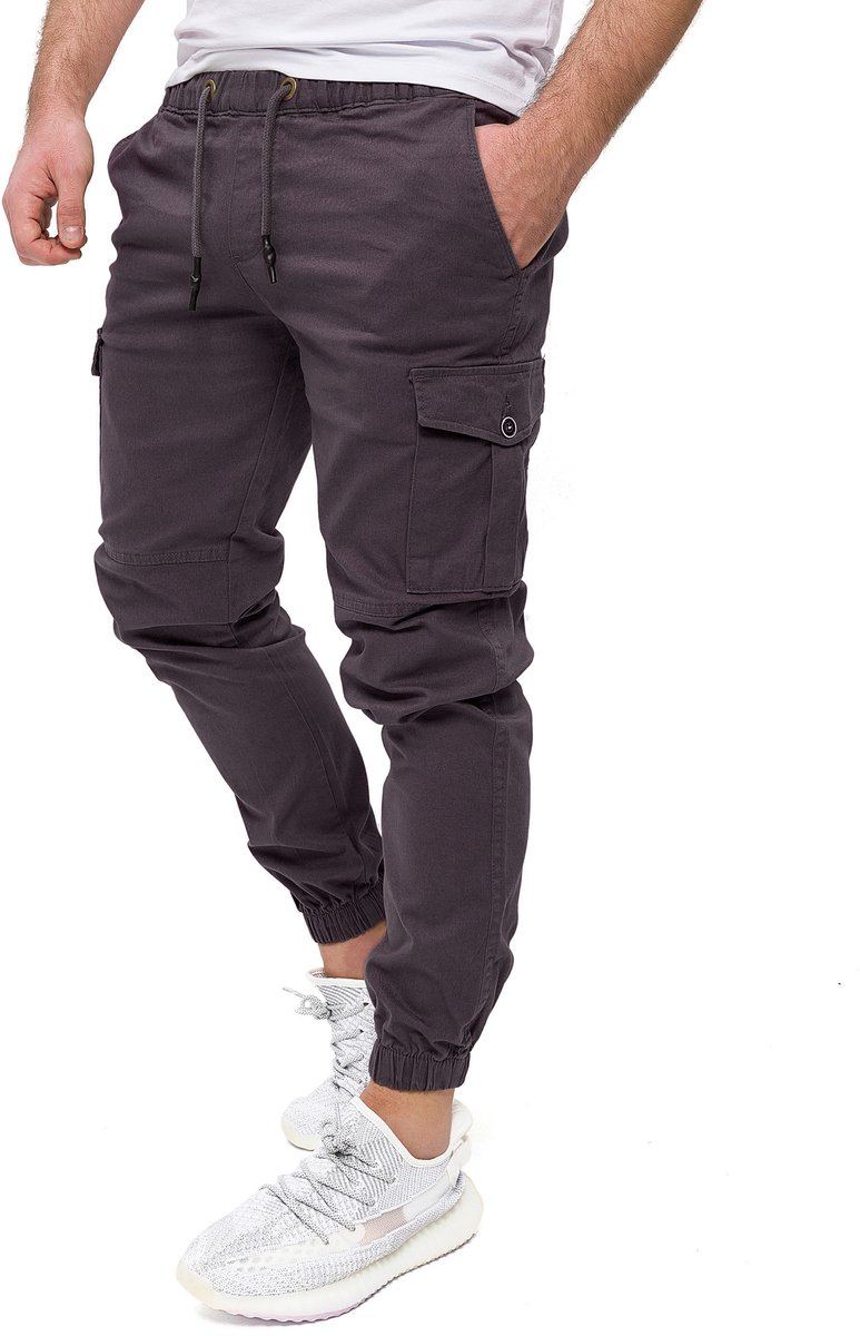 PITTMAN Heren Cargobroek Darius – Tapered Fit – Katoen Stretch – Donkergrijs – Koordsluiting