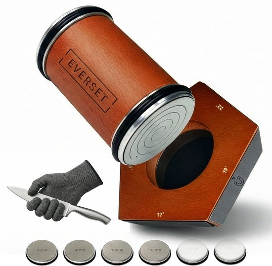 Affûteuse à Couteaux Roulante Professionnelle – Ensemble Complet avec 6 Disques d'Affûtage & Gant Anti-Coupure – Affûteuse Roulante – Pierre d'Affûtage pour Couteaux – Knife Sharpener – Pierre à aiguiser