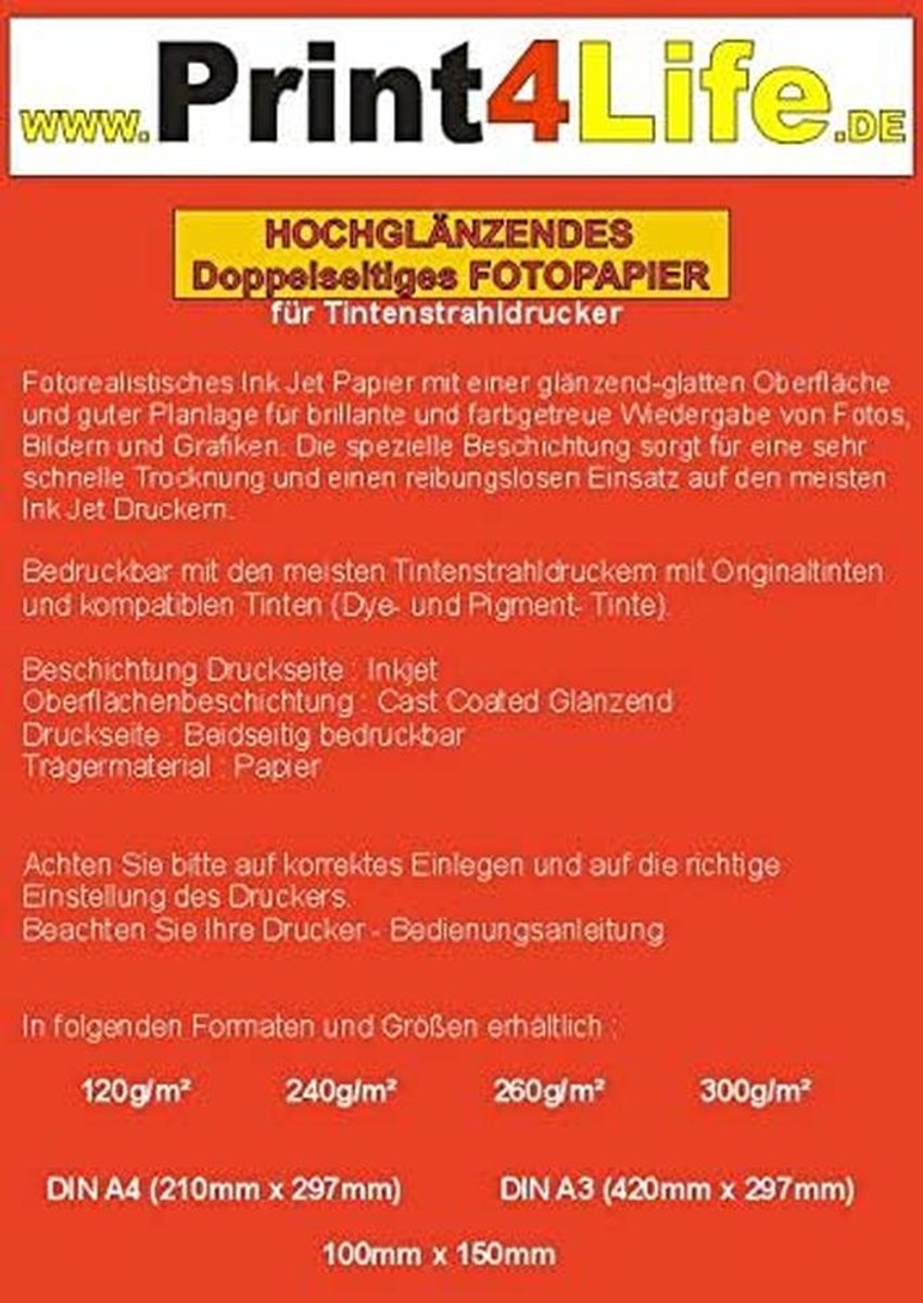 Glanzend A4 Fotopapier 260g/m2 - Dubbelzijdig Printbaar, Waterdicht en Lichtecht