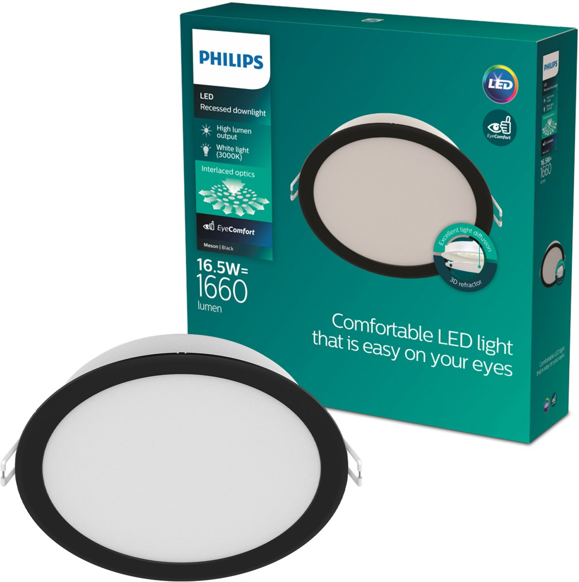 Philips Meson Inbouwspot - Plafondverlichting - Diameter: 165mm - Helder wit licht: 3000K - Zwart
