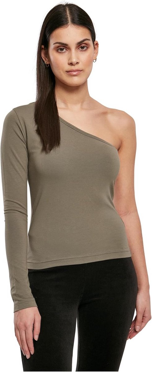 Dames Asymmetrisch Longsleeve T-shirt met Blote Schouder Stretch Jersey