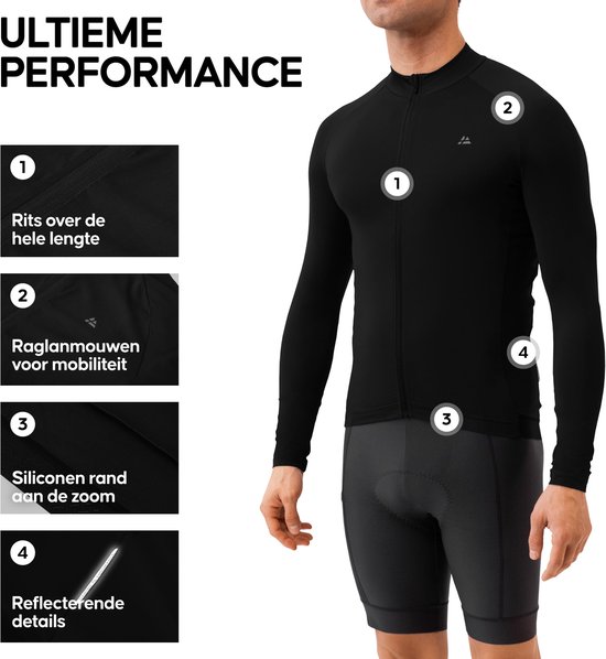 Man draagt zwarte lange-mouwen fietsjas met rits, raglanmouwen, siliconenrand en reflecterende details.