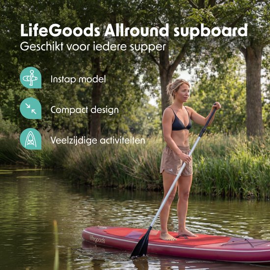 LifeGoods SUP Board Allround Compact - 120 KG Draagkracht - 300 x 76 cm - Opblaasbaar - Compleet SUP pakket - Rood/Lila