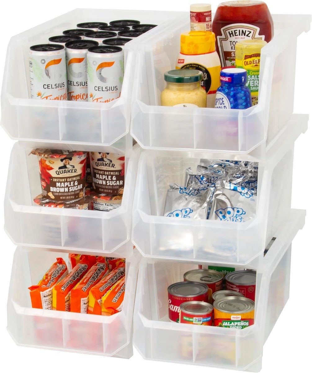Famanu - Plastic containers voor het organiseren en opbergen van bakken voor kast, keuken, kantoor, speelgoed of voorraadkast, groot, 6-pack, transparant