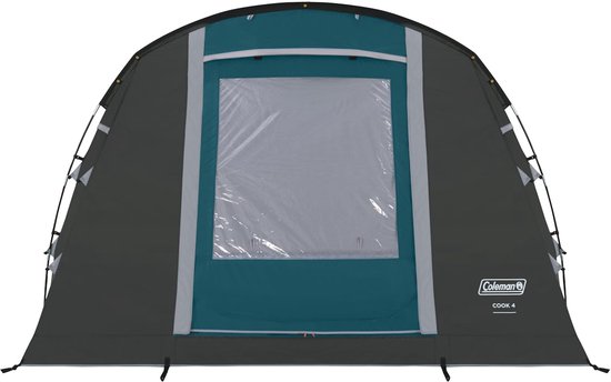 Voorkant van een grijze tunneltent met een blauw vlak en een groot raam. Coleman COOK 4 logo.
