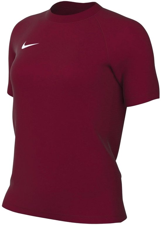 Donkerrood Nike sportshirt met korte mouwen, raglanmouwen en wit Nike logo op de borst.
