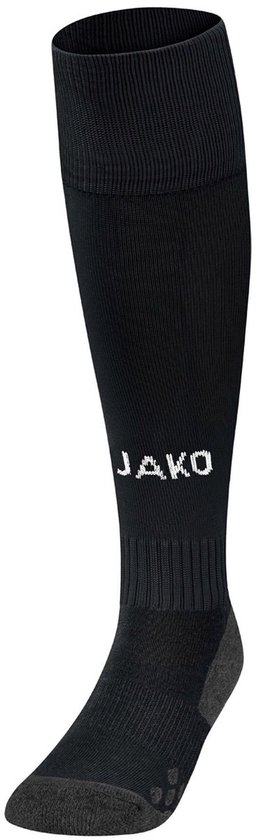 Chaussettes de sport noires longues avec inscription blanche "JAKO" et renforcement gris au talon.