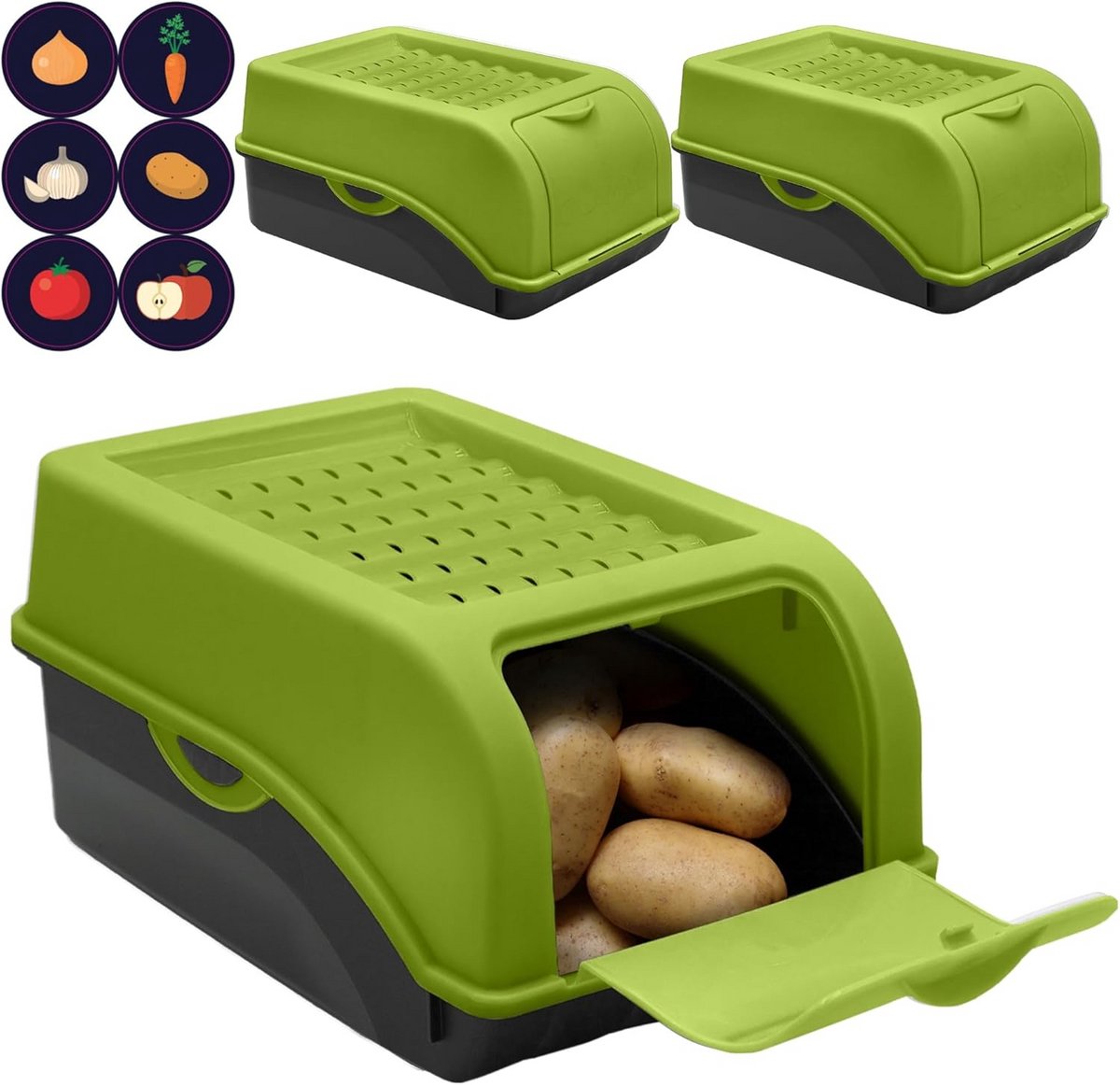 Set van 3 Groene Bewaardozen Aardappelen Uien Knoflook Opslag Ventilatie