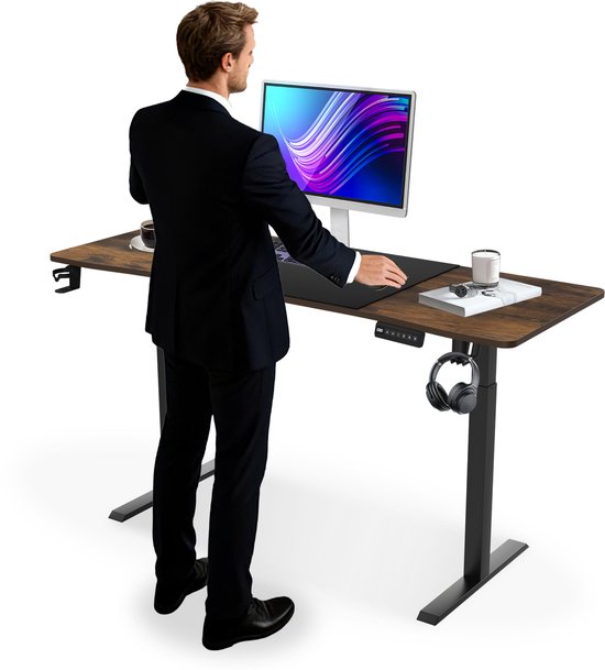 ACXIN Elektrisch Verstelbaar Bureau met Type-C Laadpoort - Zit Sta Bureau met Memoryfunctie - Bekerhouder en Koptelefoonhaak - 160x60cm - Vintagebruin