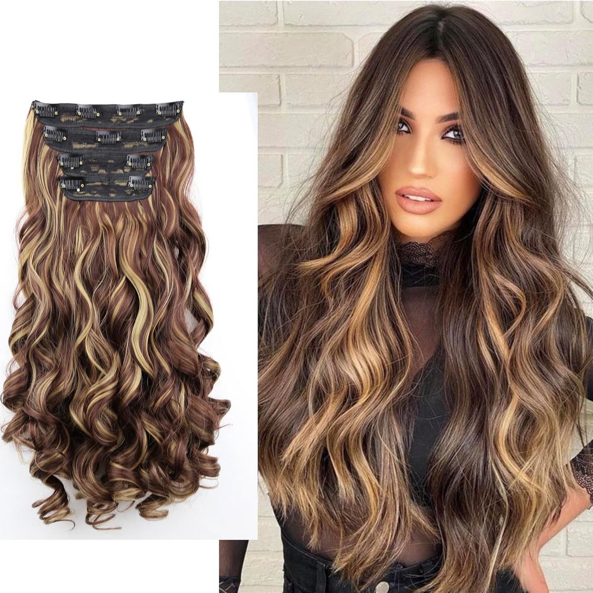 Volumineuze Golf Clip In Haarverlengingen Synthetisch Set 4 Delig Mengen Bruin Blond