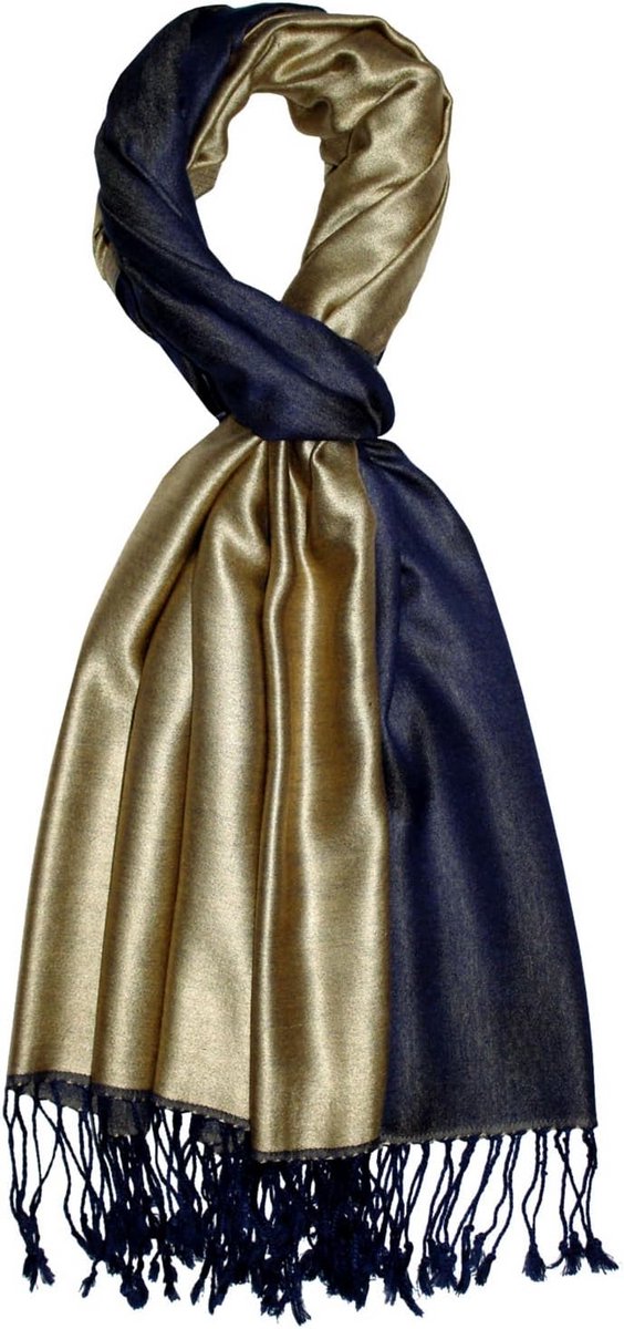 Luxe Herensjaal Donkerblauw Goud Zijde Viscose 70x190cm Keerbaar